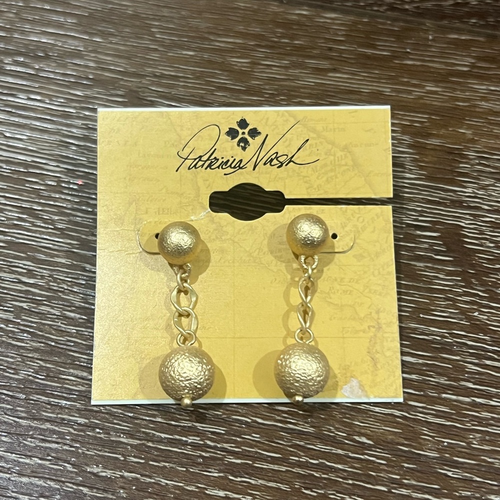 NWT Patricia Nash Egyptian Gold Textured Drop Ball Chain Earrings